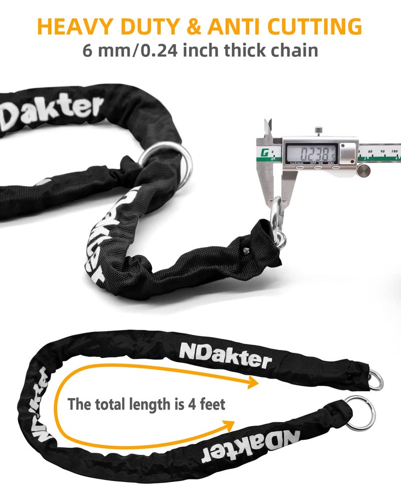 NDakter Bike Locks Heavy Duty Anti Theft 18mm Thick  Motorcycle U Lock with 4FT/120cm x 6mm Chain for Scooter  3Keys Large U-Shaped Motorcycle Wheel Lock for Ebike  Moped  Fat-Tire Tribike - Image 4